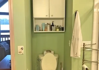 Before Bathroom Rebuild, showing old toilet and cabinet